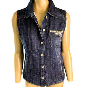 Chico's Platinum Denim Sleeveless Embroidered Jean Vest Women Size M Blue Wash